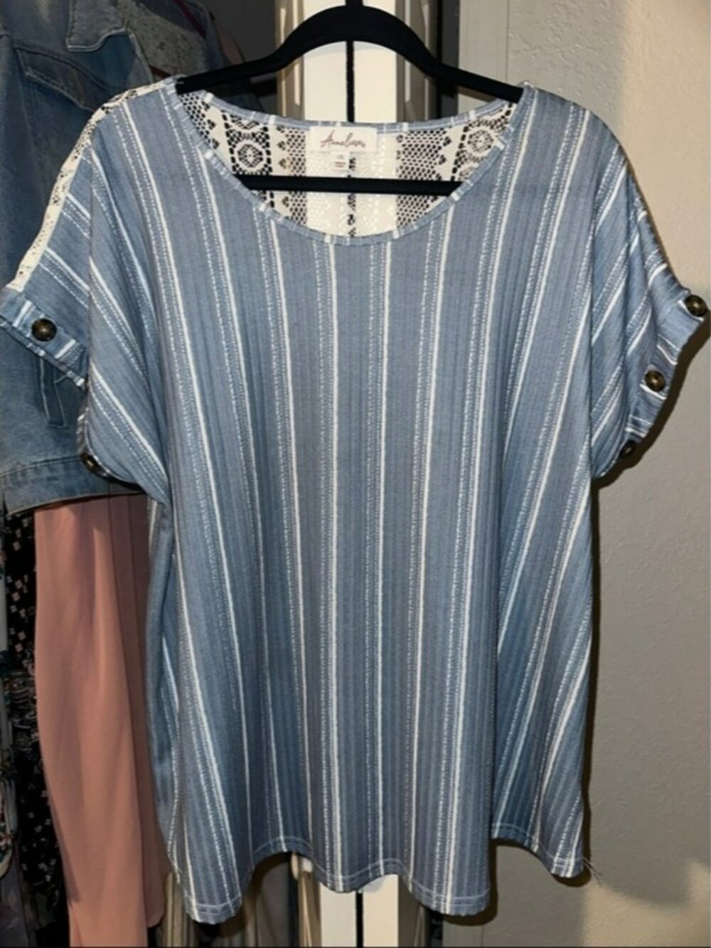 Casual Blue Striped Short Sleeve Tunic with Lace Back